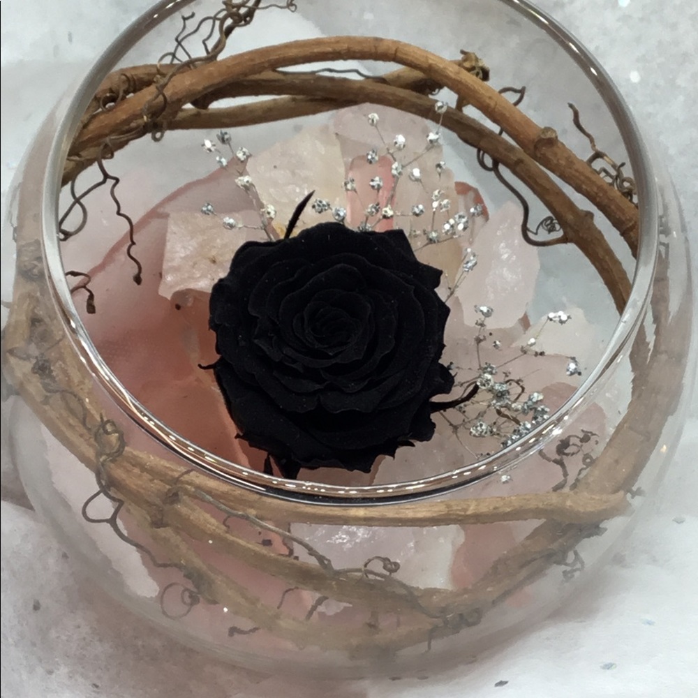 Preserved Black Rose Bowl w/ Rose Quartz Crystal